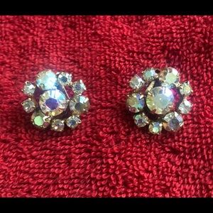 Vintage Aurora Borealis Crystal Rhinestone Flower Clip On Earrings